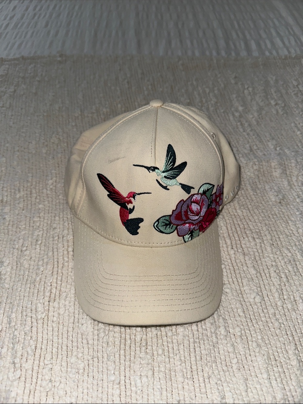 YoungLA Cream Baseball Cap with Embroidered Hummingbirds & Rose
